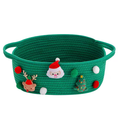 Christmas Basket with Festive Embroidery Santa Reindeer and Tree Design Green Corduroy Gift Organiser