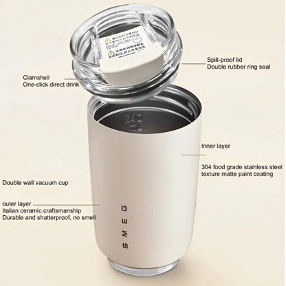 SMEG Insulated Coffee Mug | Stainless Steel with Lid| Lightweight Thermos for Travel