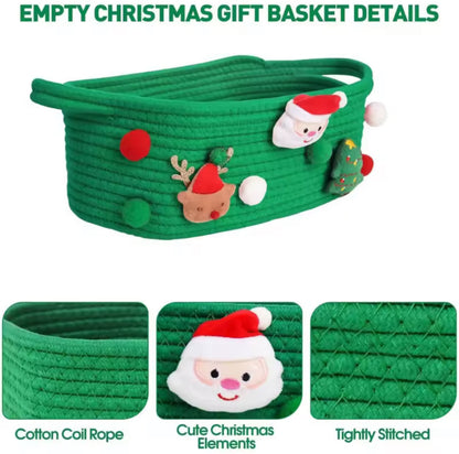 Christmas Basket with Festive Embroidery Santa Reindeer and Tree Design Green Corduroy Gift Organiser