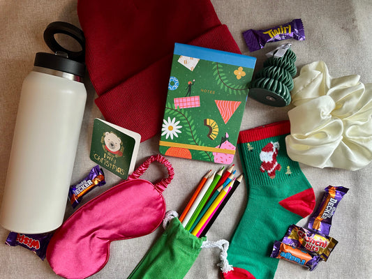 Christmas Basket of Your Dreams Perfect Gift for Her Satin Hat Phone Bottle Eye Mask and Festive Socks